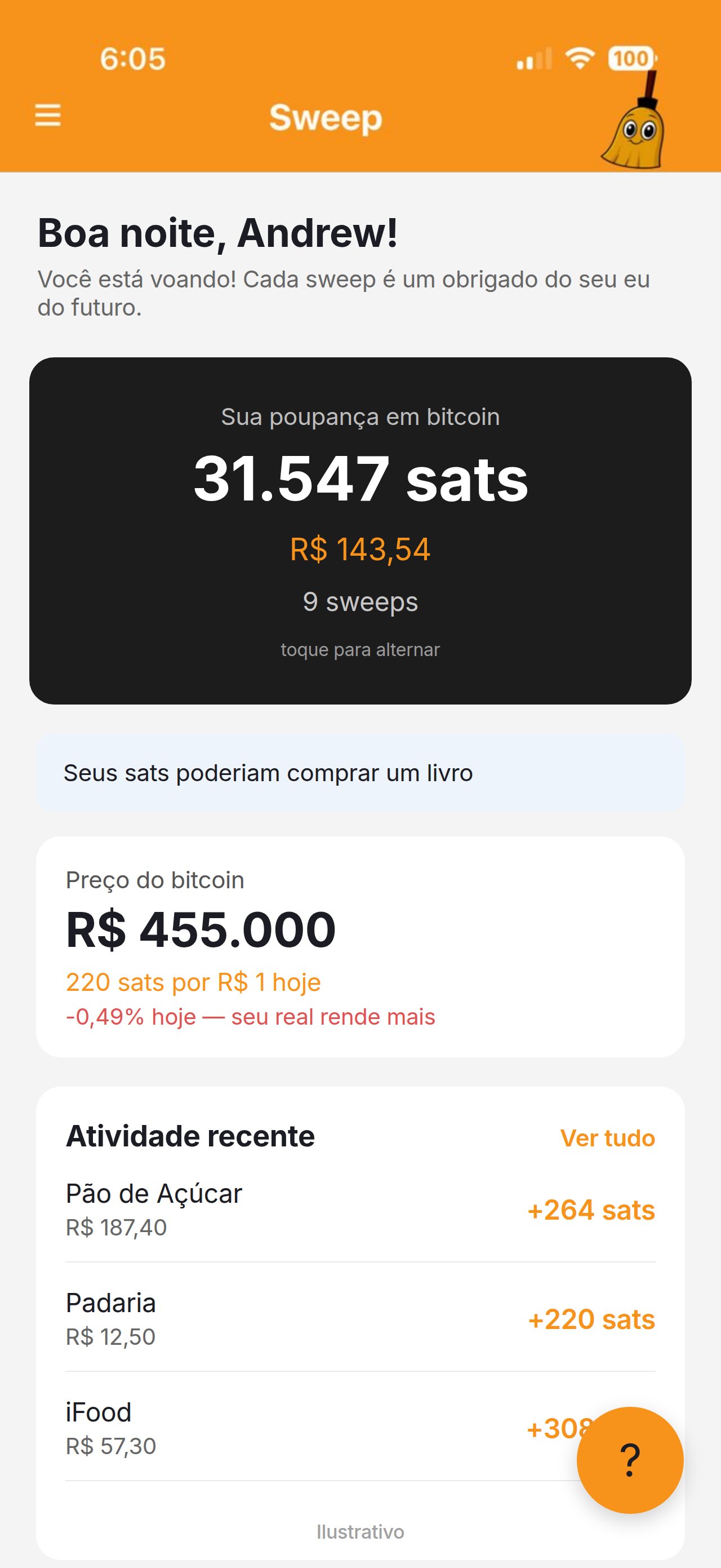 Tela inicial do Sweep mostrando 31.547 sats guardados