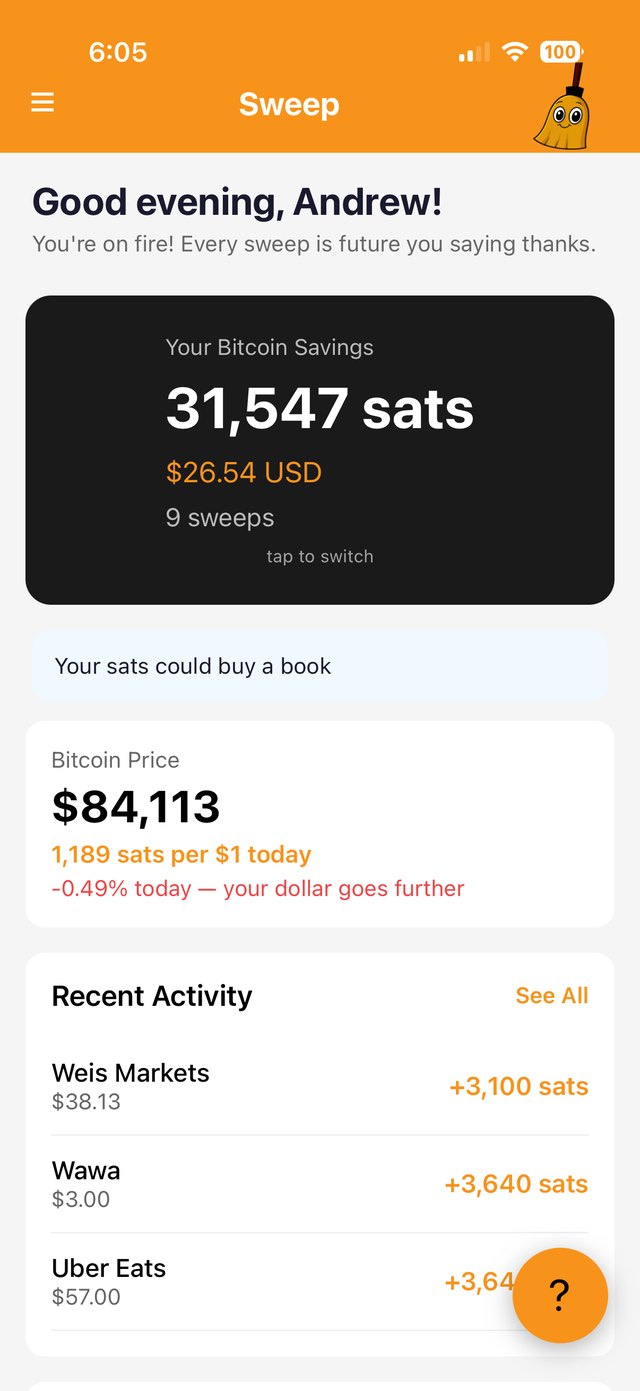 Sweep home screen showing 31,547 sats saved